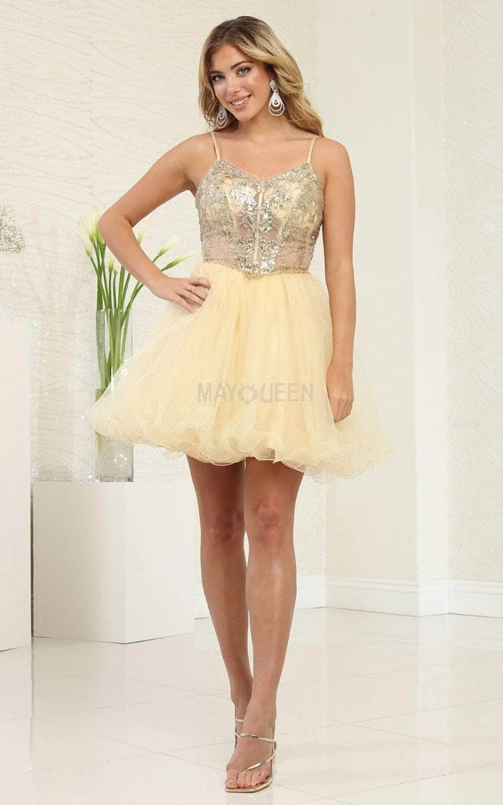 Short V-Neck A-line Ruffled Dress by May Queen MQ2082