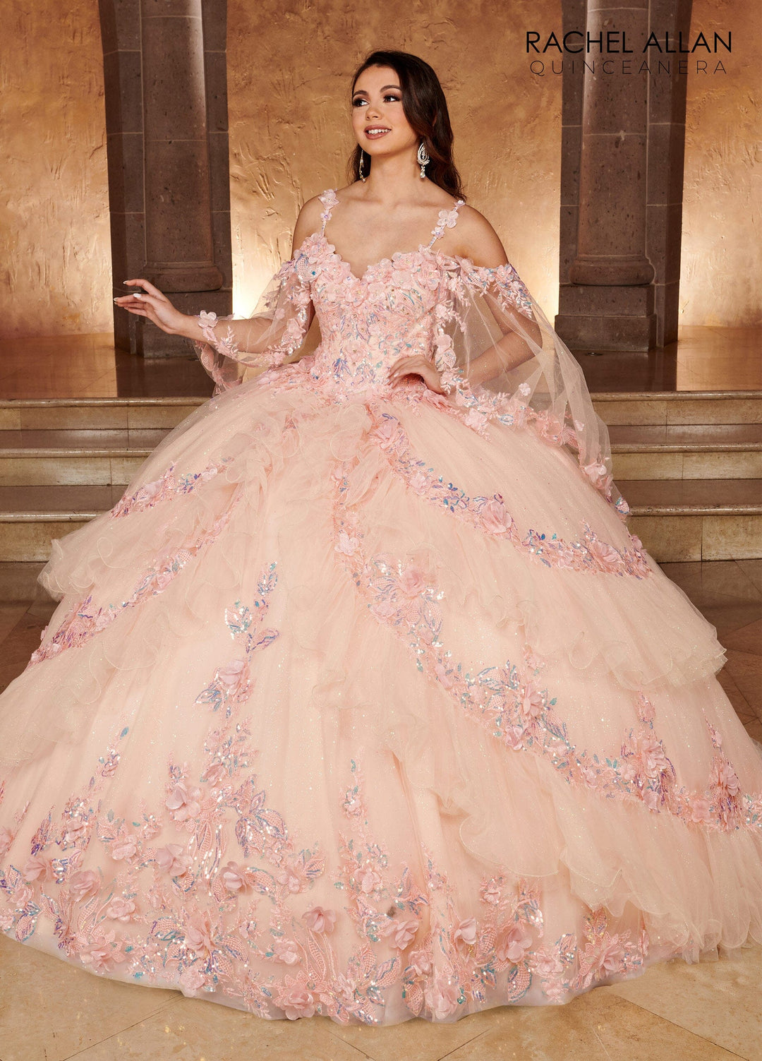 Cape Sleeve Tiered Quinceanera Dress by Rachel Allan RQ3103