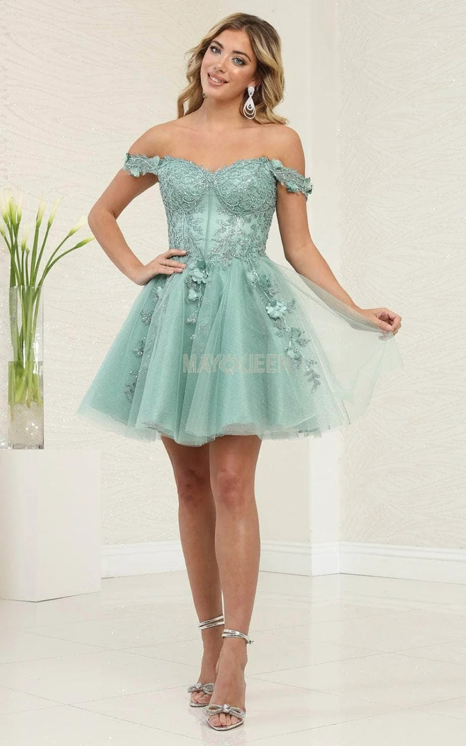 3D Floral Short Off Shoulder Dress by May Queen MQ2081
