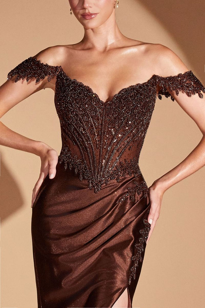 Beaded Off Shoulder Slit Gown by Ladivine CC456