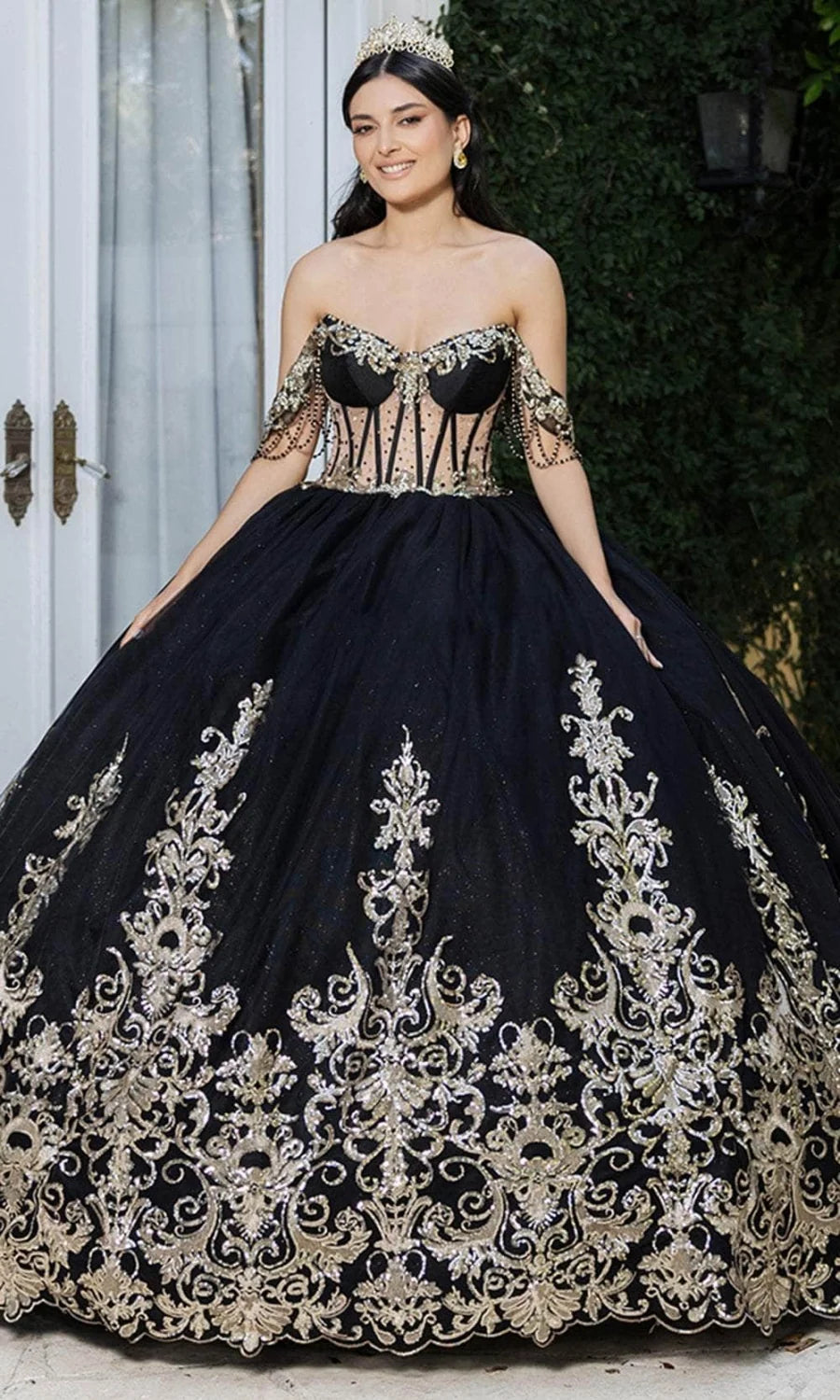 Applique Off Shoulder Ball Gown by May Queen LK267