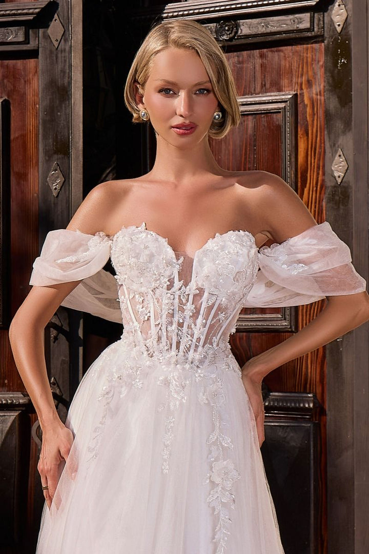 White Applique Off Shoulder A-line Gown by Ladivine CD2426W