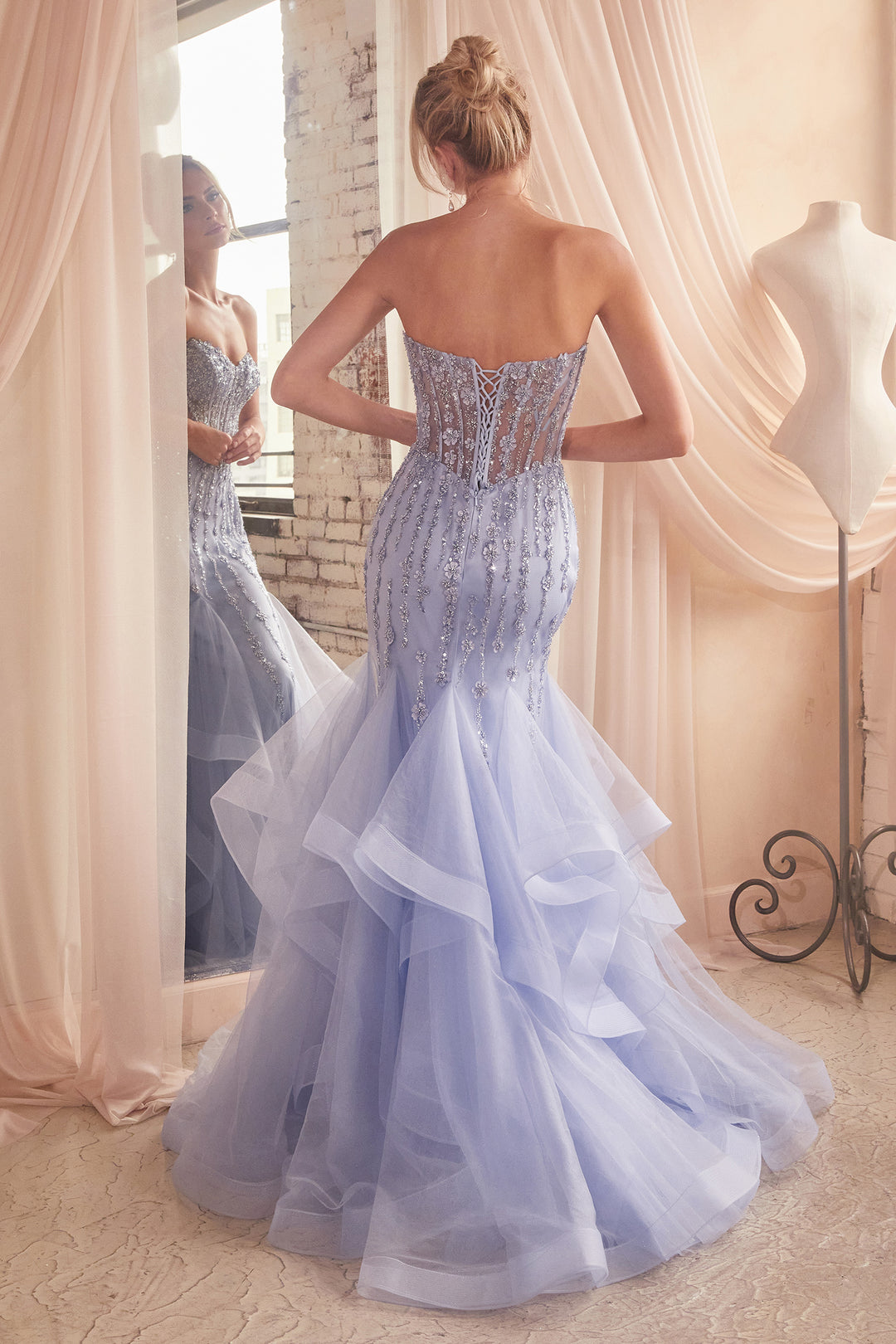 Beaded Strapless Tiered Mermaid Dress by Ladivine CD332