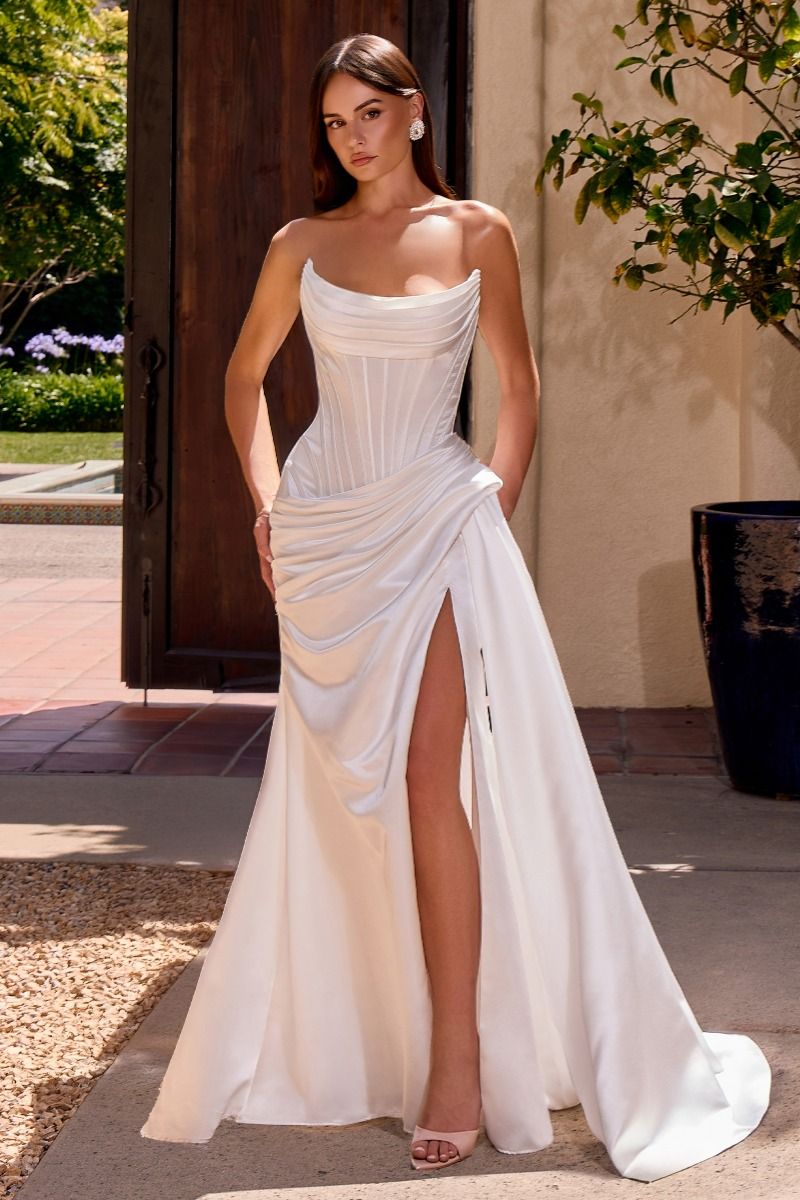 White Fitted Strapless Slit Gown by Ladivine CD636W