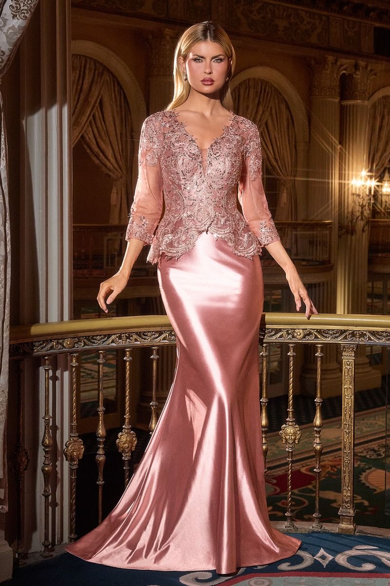 Applique Fitted 3/4 Sleeve Gown by Ladivine CD720