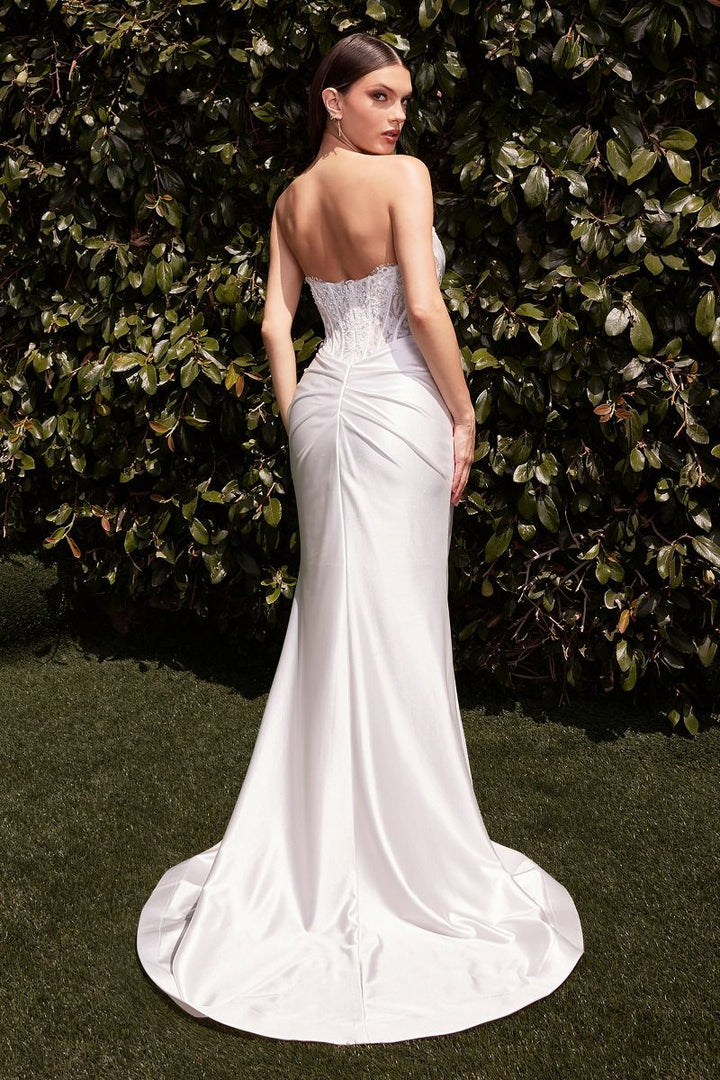 Lace Satin White Strapless Gown by Ladivine CD797W