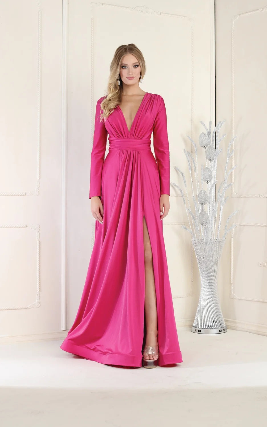 Long Sleeve A-line Slit Gown by May Queen MQ1835