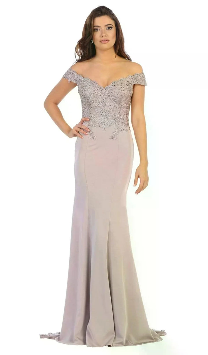 Applique Off Shoulder Gown by May Queen MQ1675