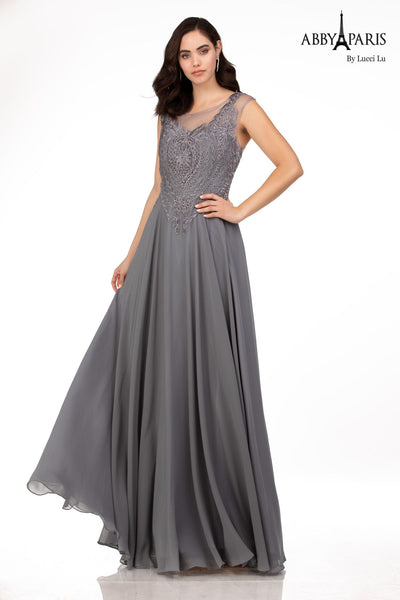 Abby Paris 96051W Lace Illusion Neck Cap Sleeve Gown | Formal Dress Shops Pewter / 6W Abby Paris 96051W Lace Illusion Neck Cap Sleeve Gown | Formal Dress Shops Pewter / 6W