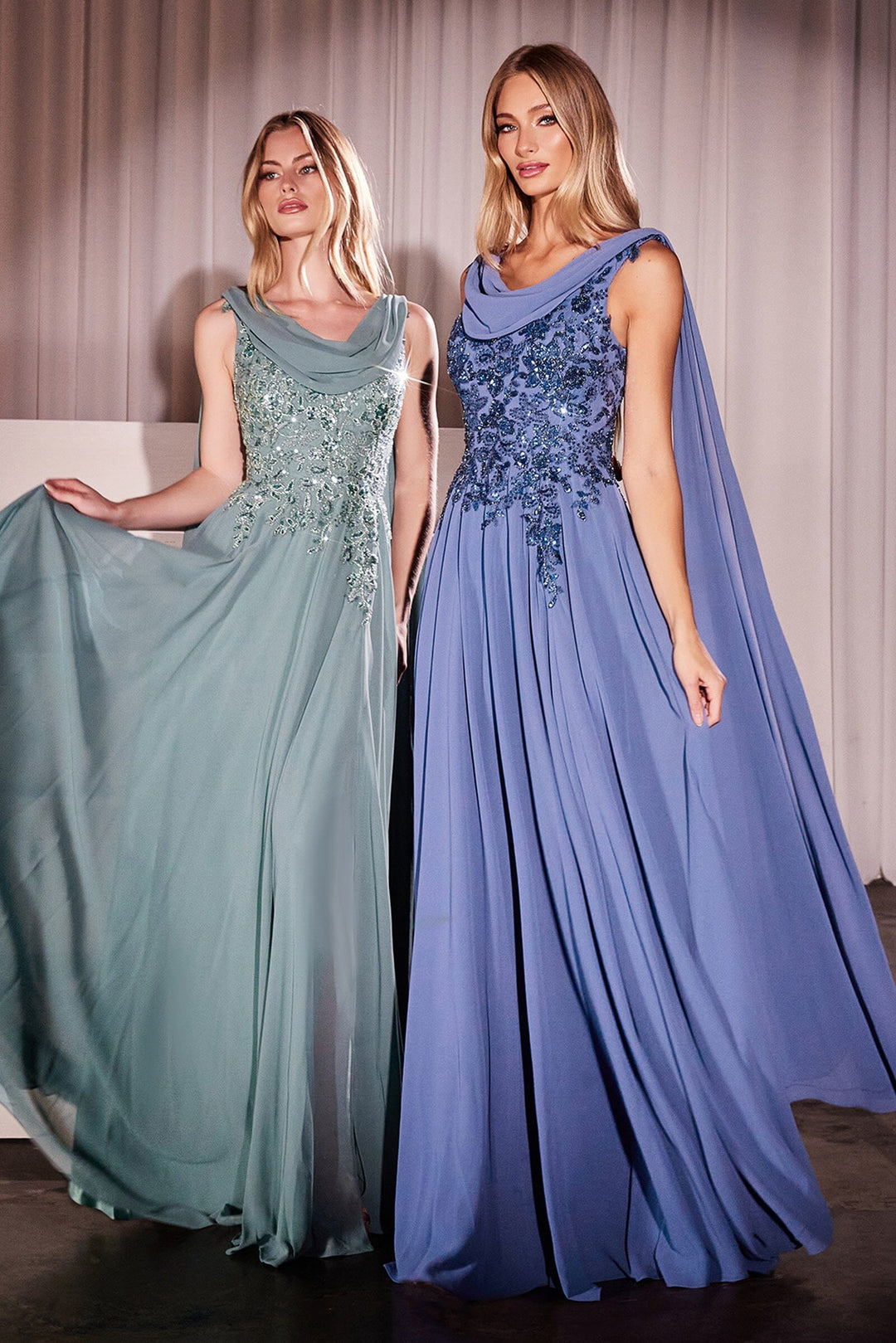 cape chiffon dress V-neck Gown style overlay adds an element of drama and elegance Havana Ivory Chiffon Cape Dress