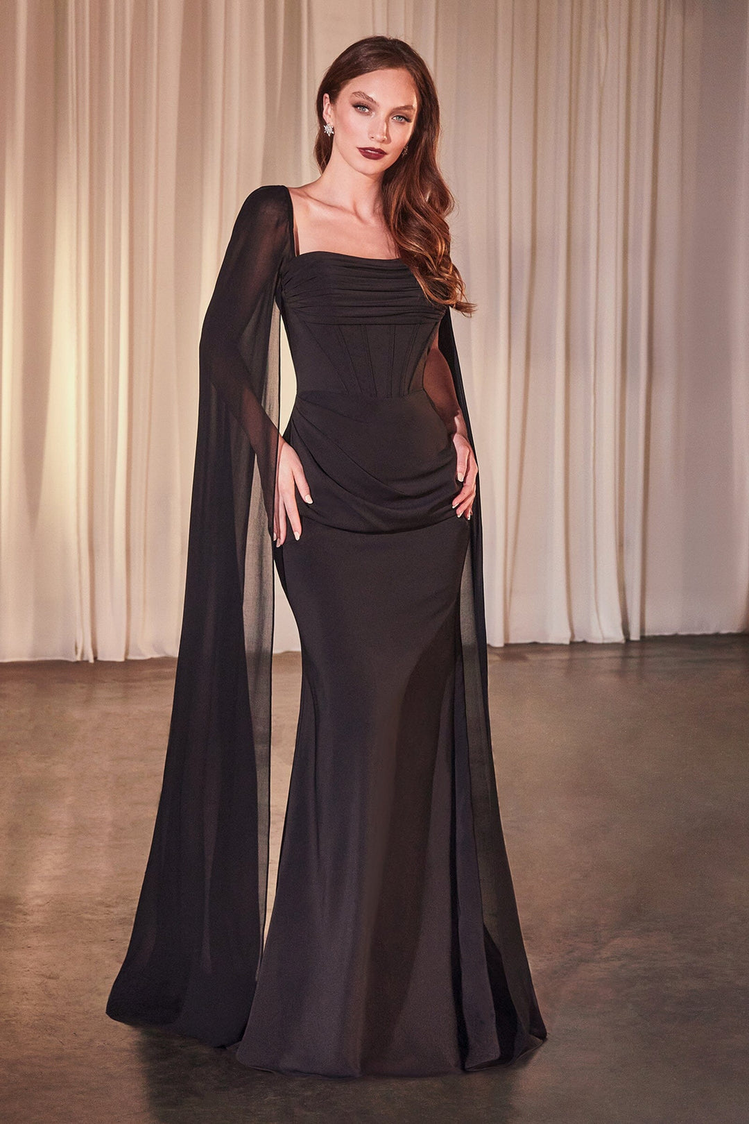 cape chiffon dress Chiffon Fitted Cape Sleeve Gown by Ladivine CD356 – ABC Fashion