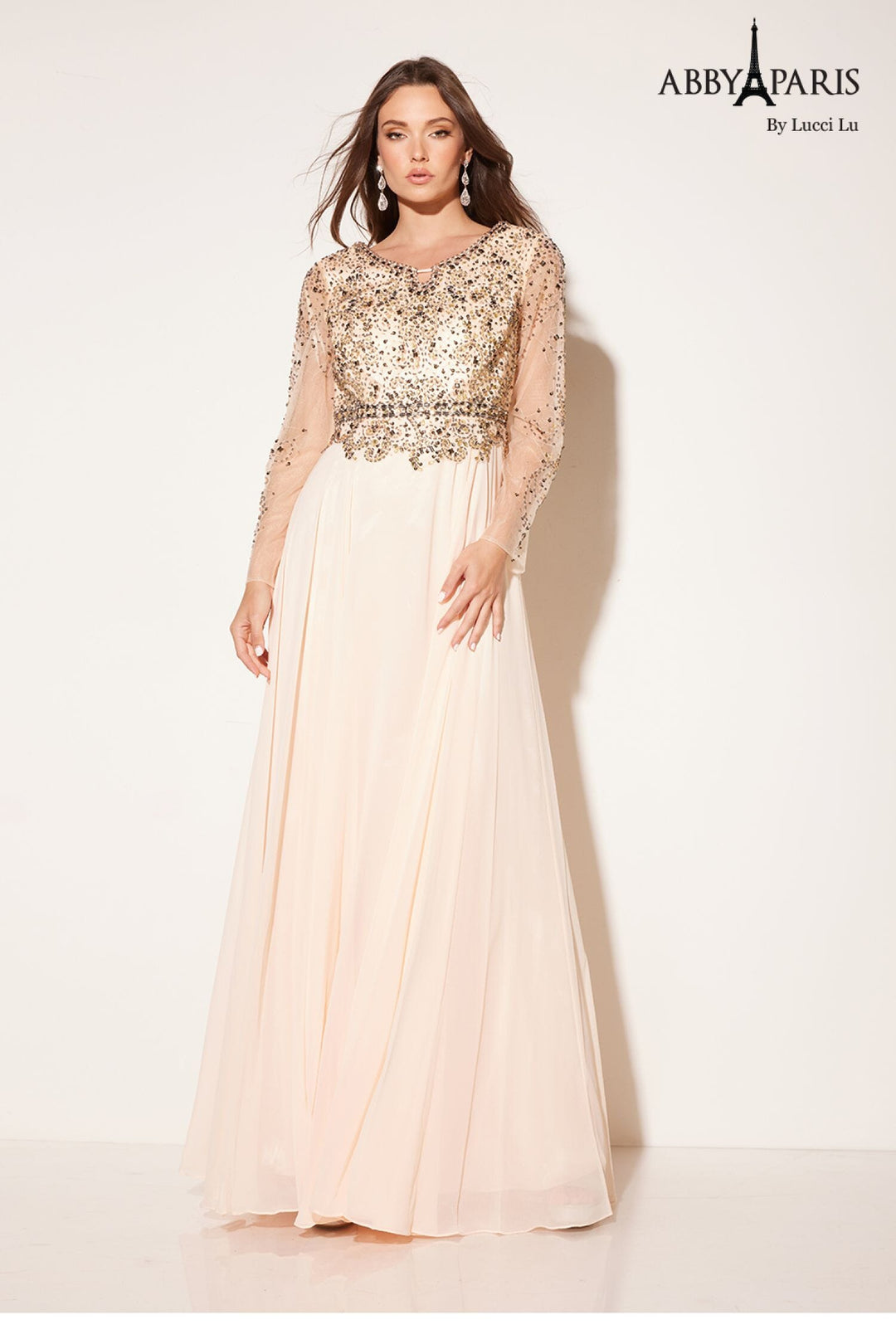 Chiffon Long Sleeve A-line Gown by Abby Paris 96040W 26W / Champagne