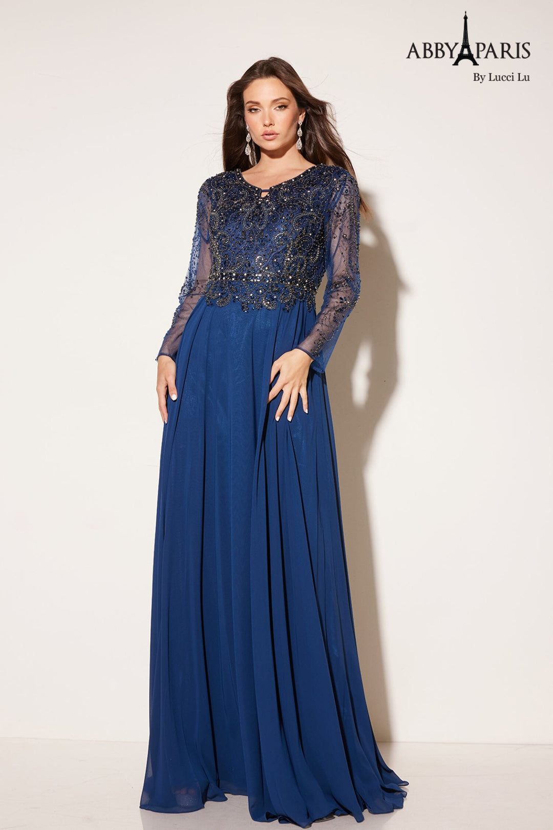 Chiffon Long Sleeve A-line Gown by Abby Paris 96040W 12W / Navy