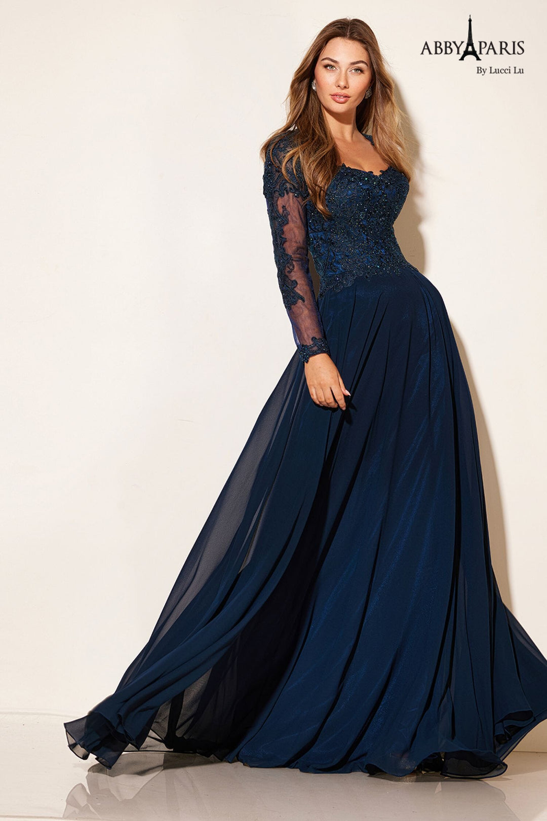 Abby Paris 96044W Embroidered Illusion Sleeve Chiffon Gown | Formal Dress Shops Navy / 8W Abby Paris 96044W Embroidered Illusion Sleeve Chiffon Gown | Formal Dress Shops Navy / 8W