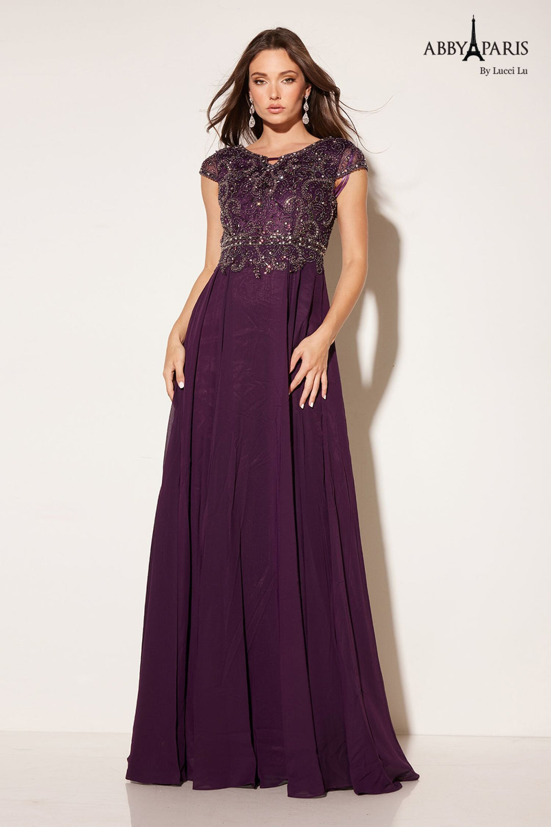 Chiffon Short Sleeve A-line Gown by Abby Paris 95091 ABC Fashion Chiffon Short Sleeve A-line Gown by Abby Paris 95091 ABC Fashion