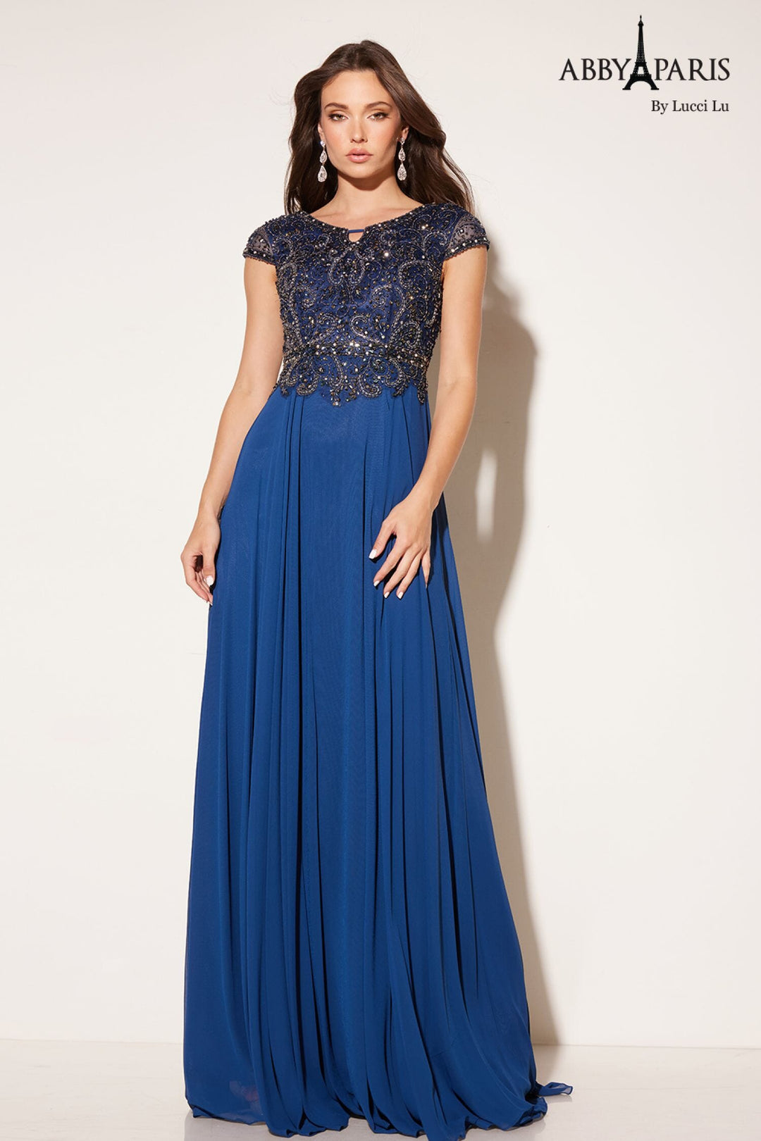 Abby Paris 95091 Beaded Illusion Sleeve Chiffon Gown | Formal Dress Shops Navy / 14 Abby Paris 95091 Beaded Illusion Sleeve Chiffon Gown | Formal Dress Shops Navy / 14