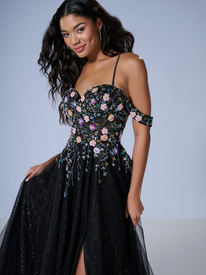 Cold Shoulder A-line Slit Gown by Tiffany Designs 16251