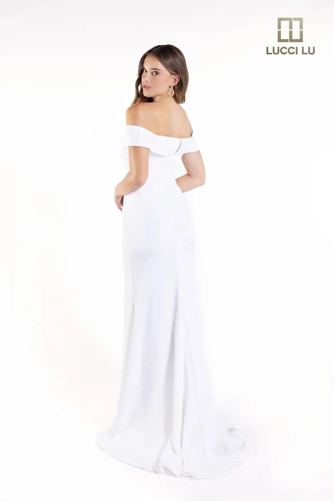 Crepe Off Shoulder Slit Gown by Lucci Lu 8262