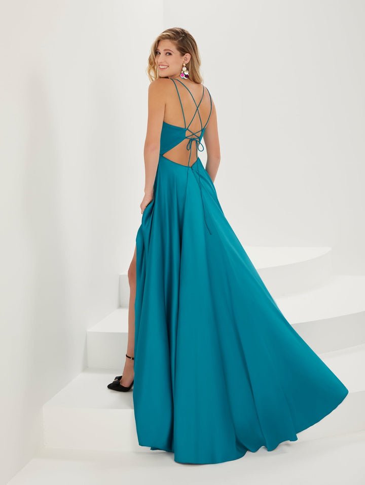 Crepe Satin Pocket Slit Gown by Tiffany Designs 16924