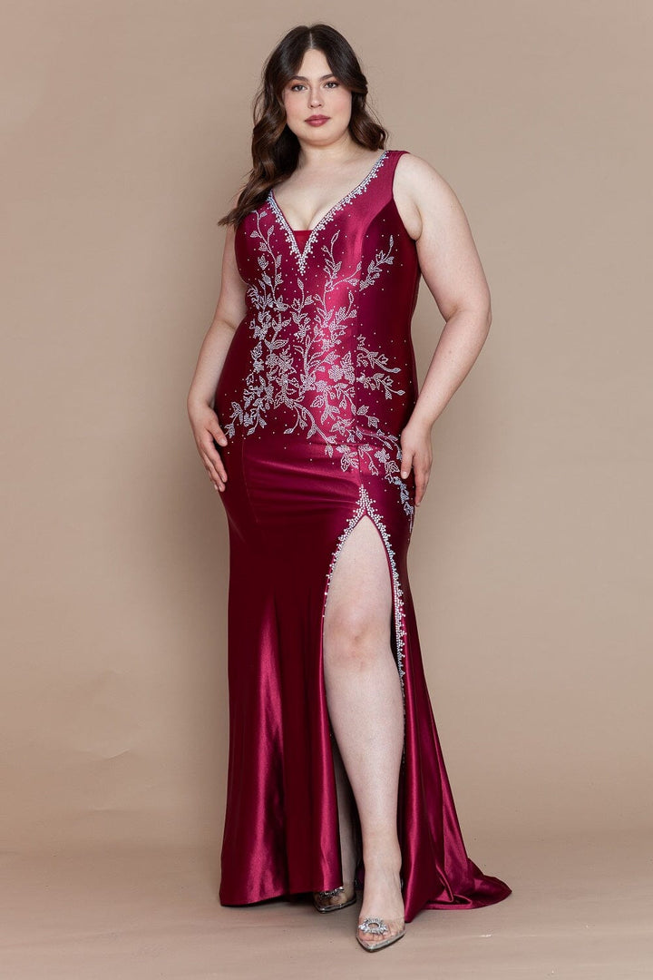 Curve Fitted Beaded Print Gown by Poly USA W1132