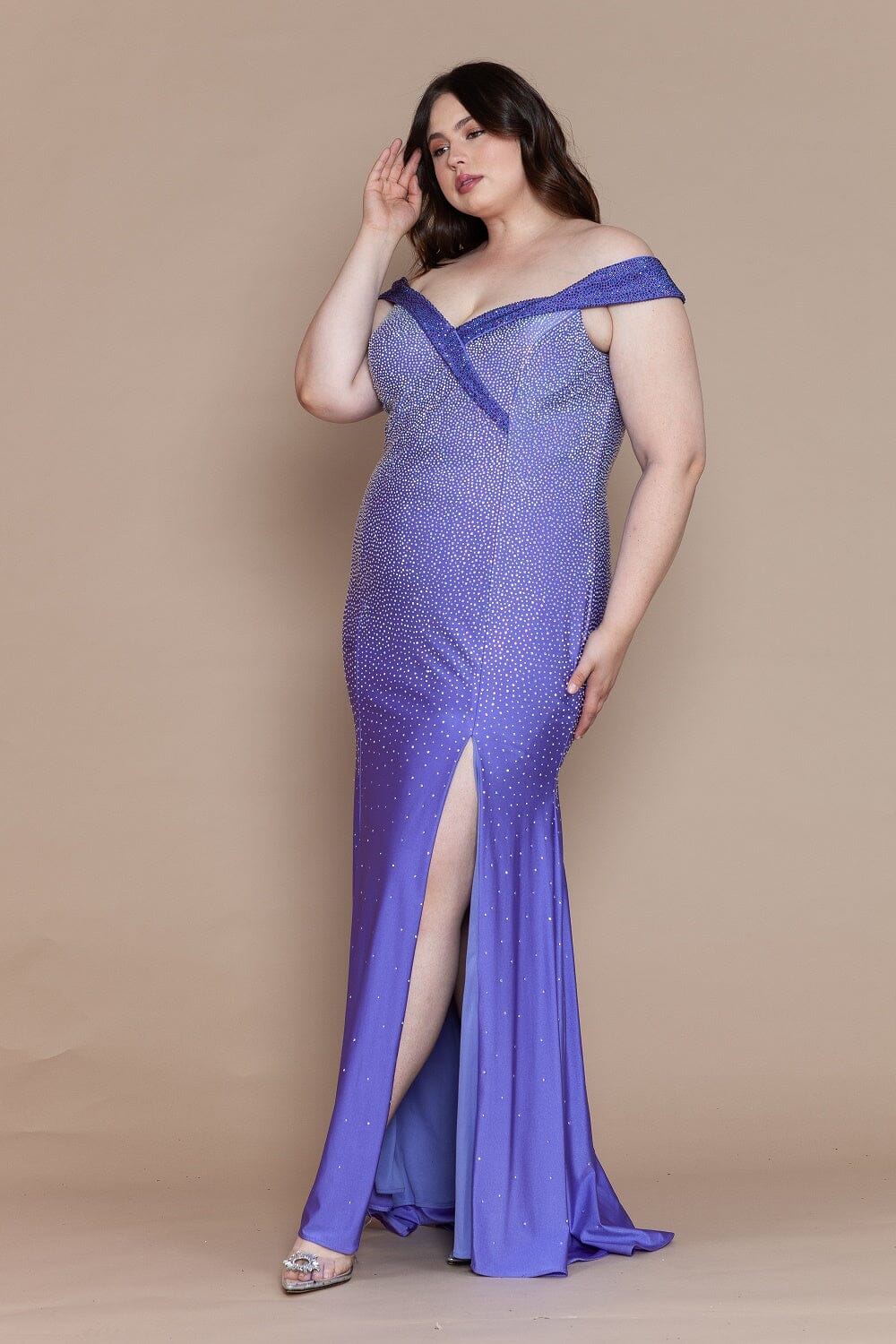 Curve Fitted Off Shoulder Rhinestone Gown by Poly USA W1120