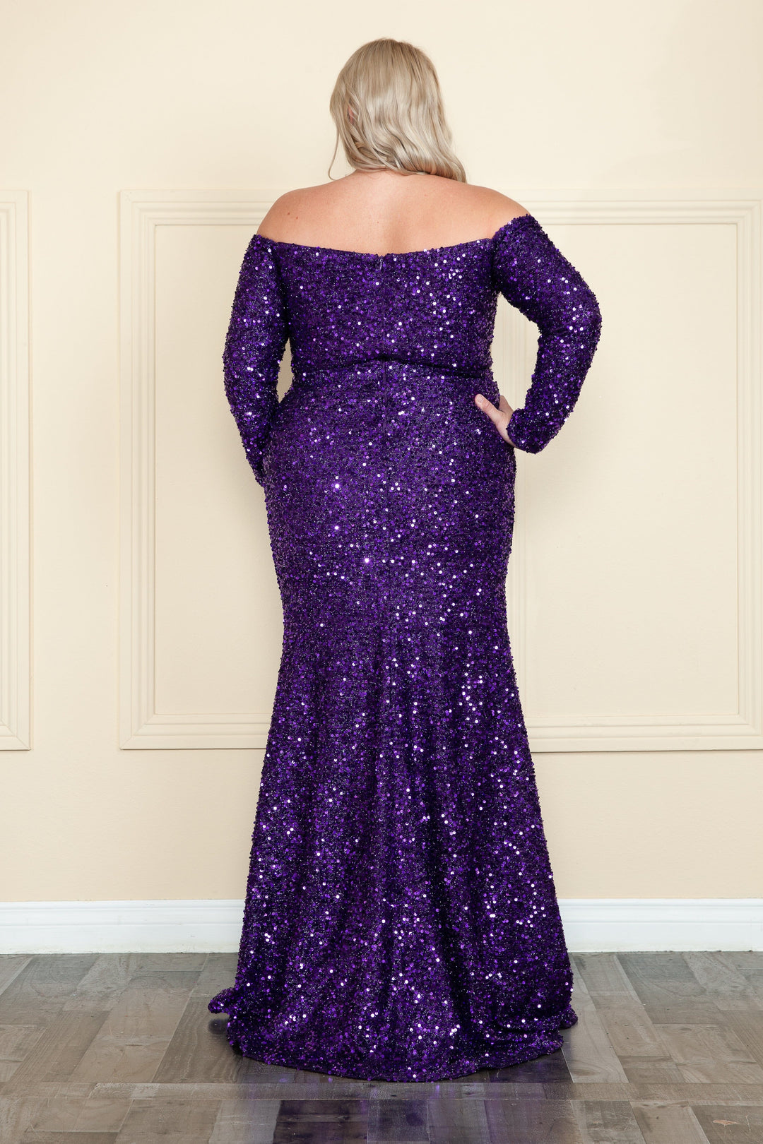 Curve Fitted Off Shoulder Sequin Gown by Poly USA W8876 - Outlet