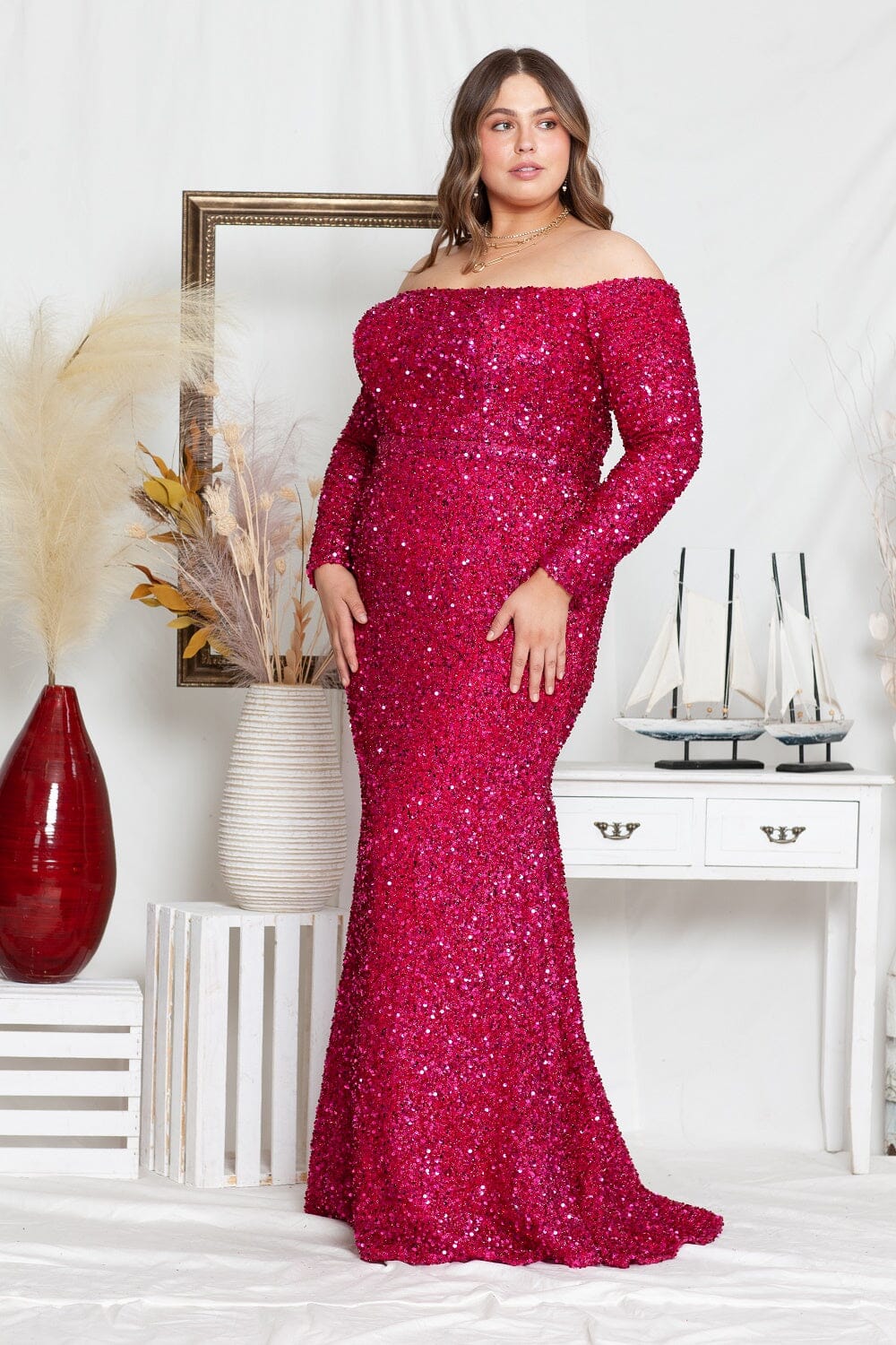 Curve Fitted Off Shoulder Sequin Gown by Poly USA W8876