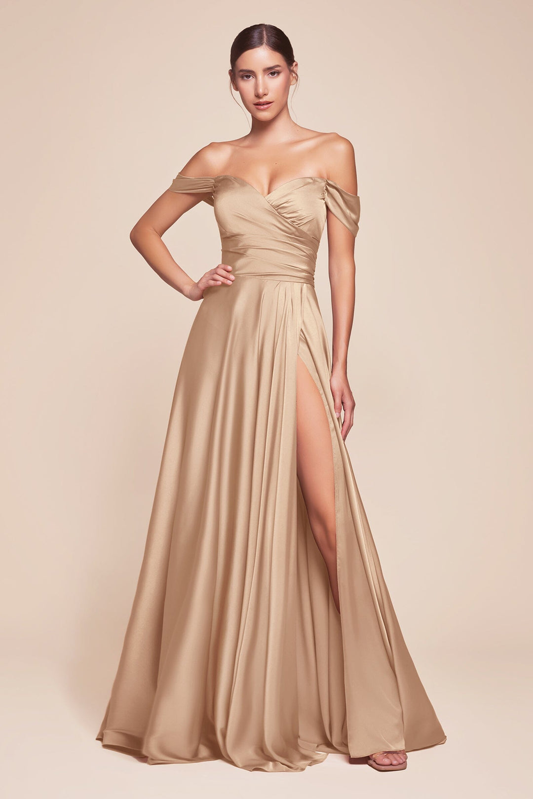 Curve Off Shoulder A-line Satin Gown by Ladivine 7493C