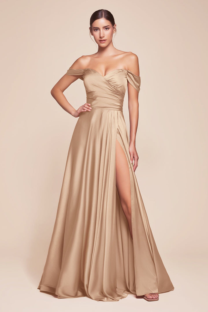 Curve Off Shoulder A-line Satin Gown by Ladivine 7493C