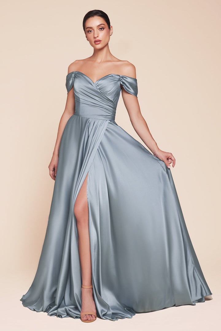 Curve Off Shoulder A-line Satin Gown by Ladivine 7493C