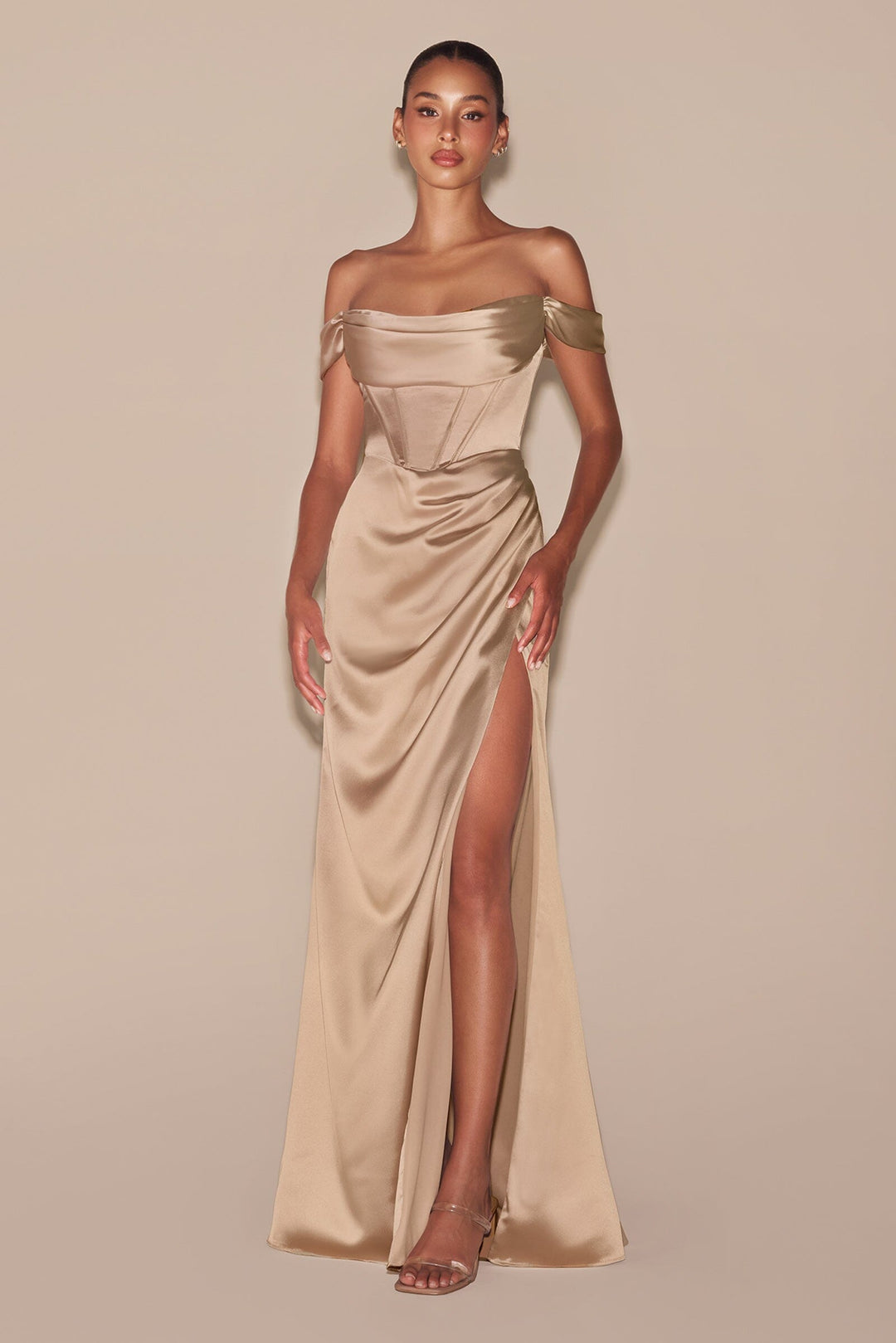 Curve Satin Off Shoulder Corset Gown by Ladivine 7492C