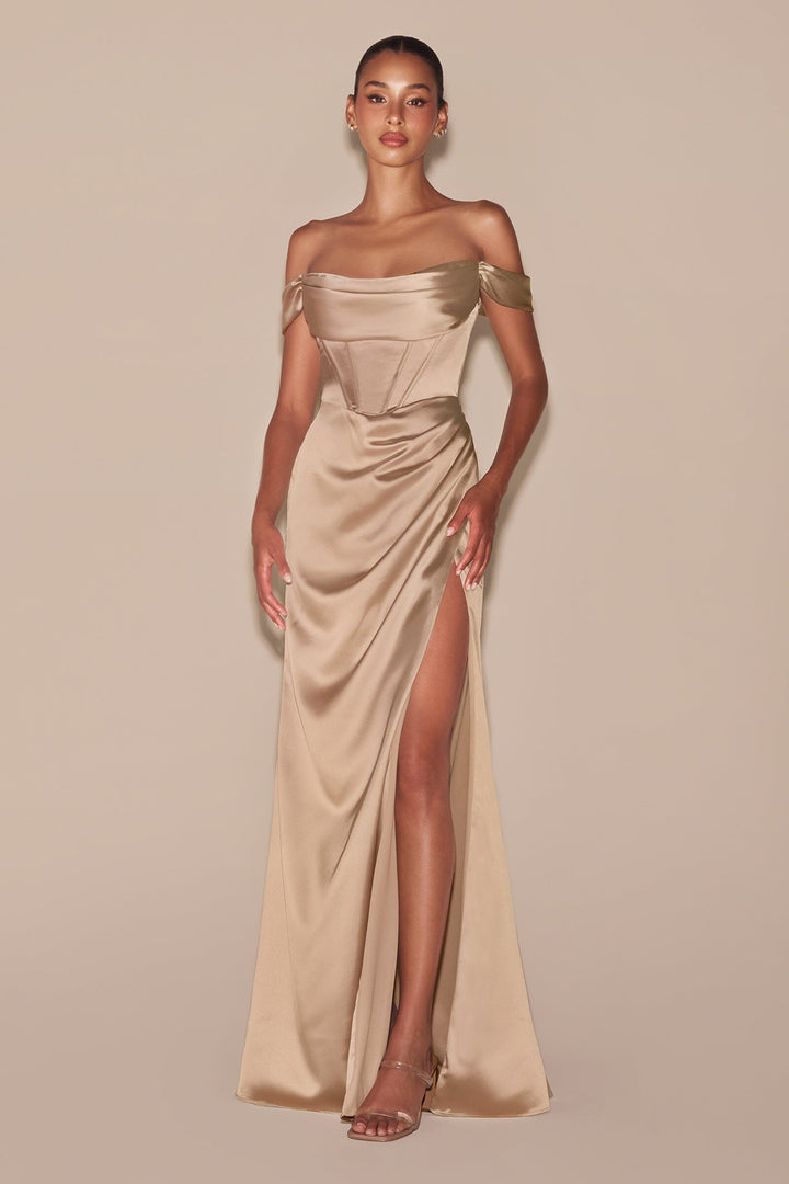 Curve Satin Off Shoulder Corset Gown by Ladivine 7492C