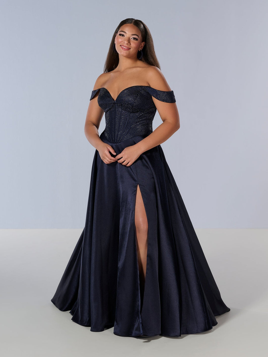 Curvy Beaded Off Shoulder Gown by Tiffany Designs 16204