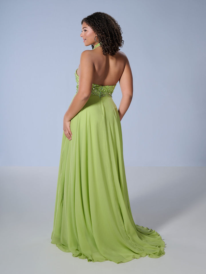 Curvy Chiffon Halter Slit Gown by Tiffany Designs 16167