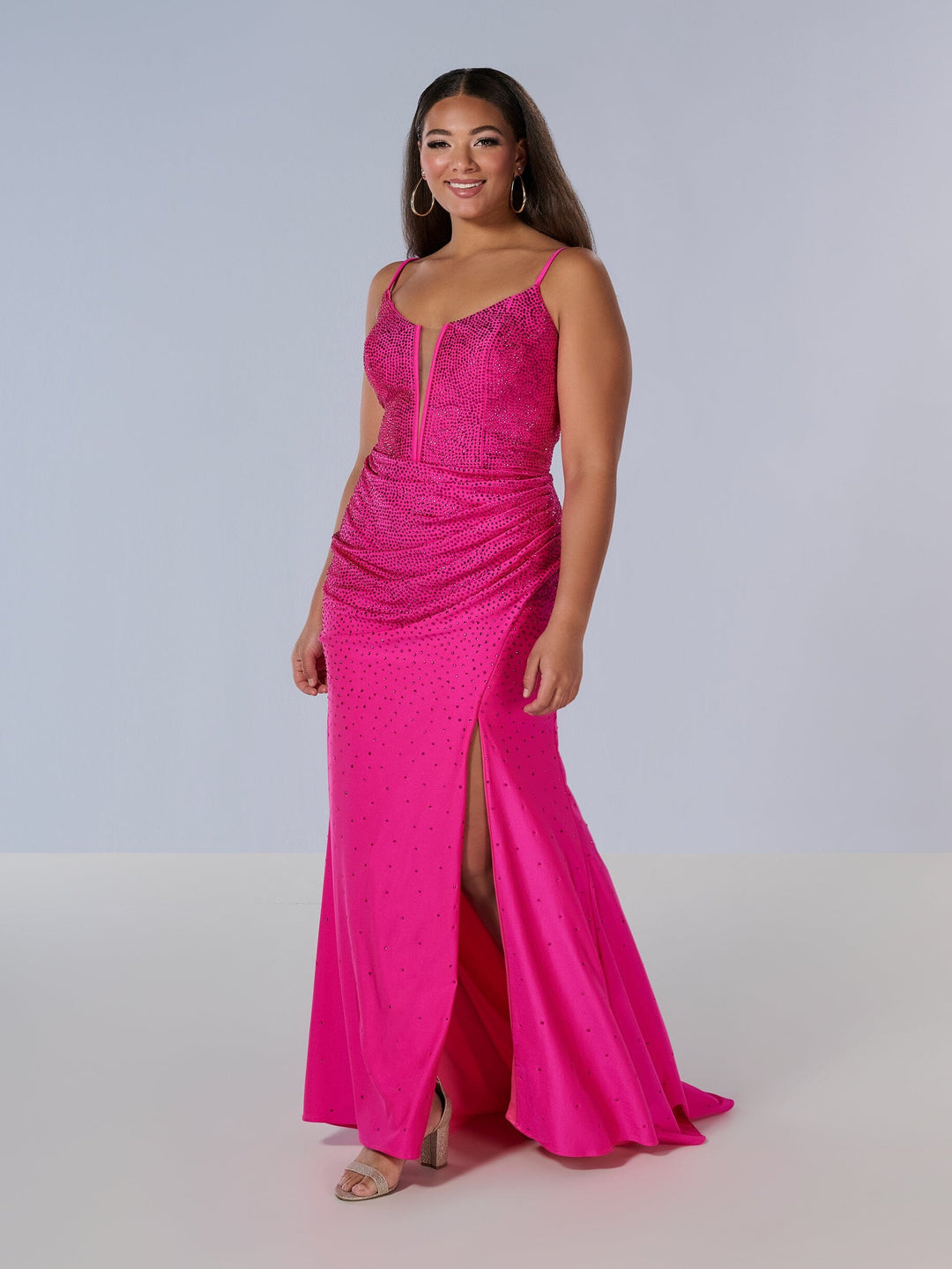 Curvy Fitted V-Neck Slit Gown by Tiffany Designs 16194