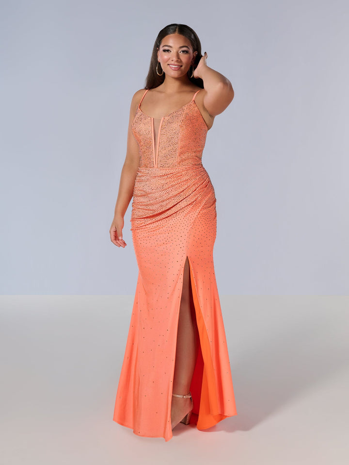 Curvy Fitted V-Neck Slit Gown by Tiffany Designs 16194