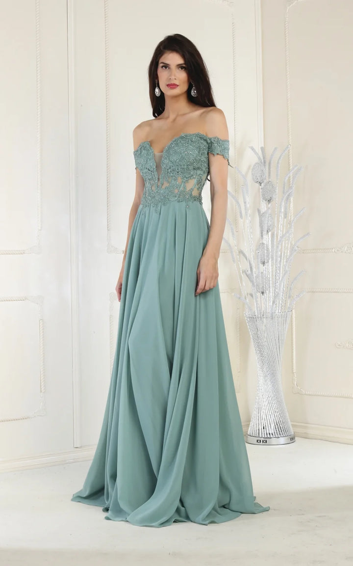 Applique Off Shoulder A-line Gown by May Queen MQ1714