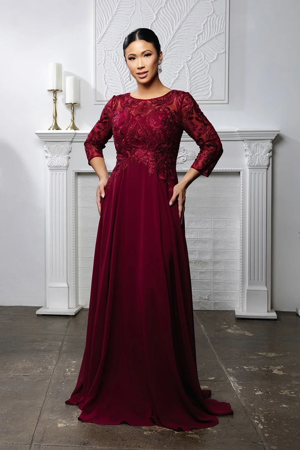 Applique 3/4 Sleeve A-line Gown by May Queen MQ2210