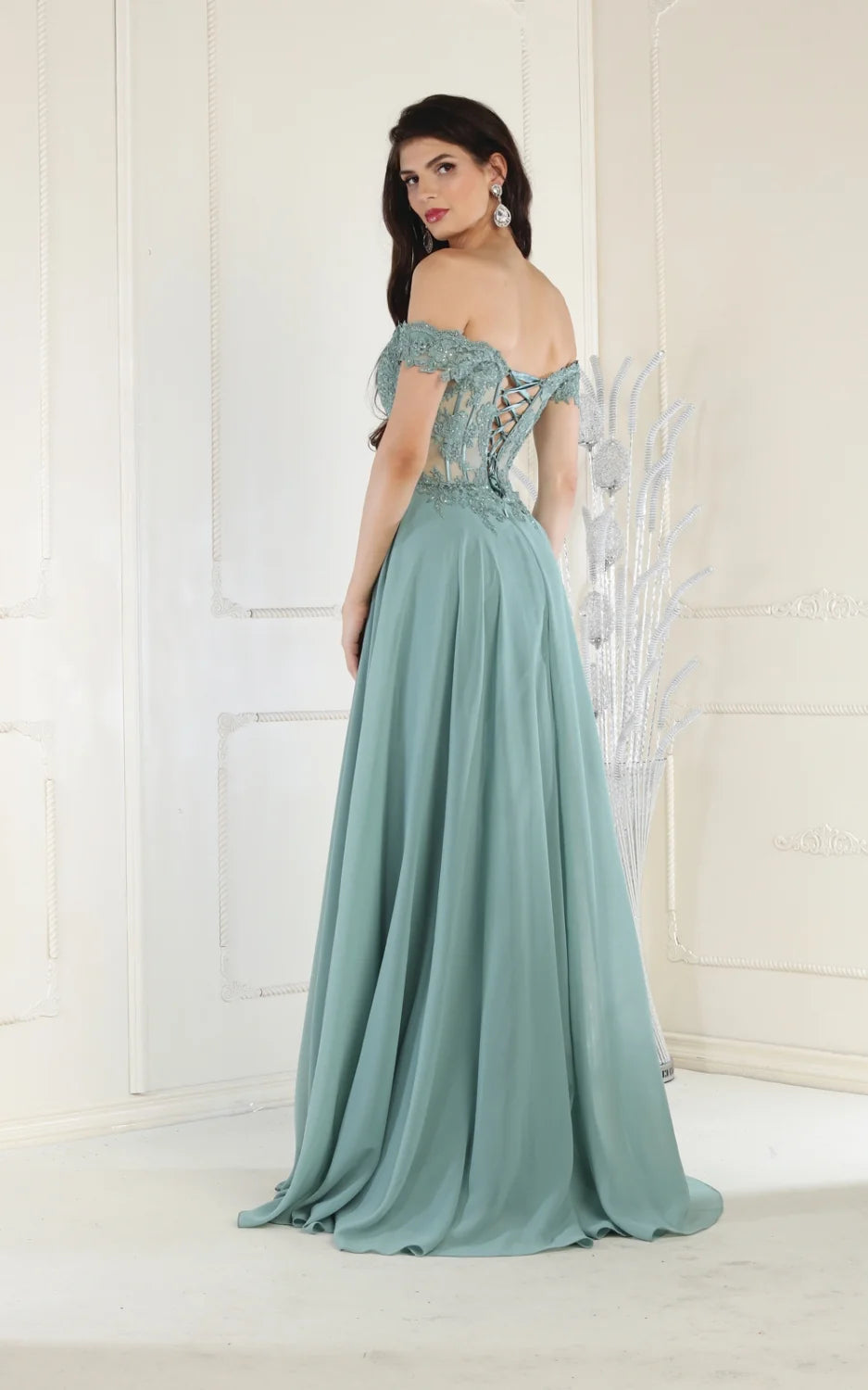 Applique Off Shoulder A-line Gown by May Queen MQ1714