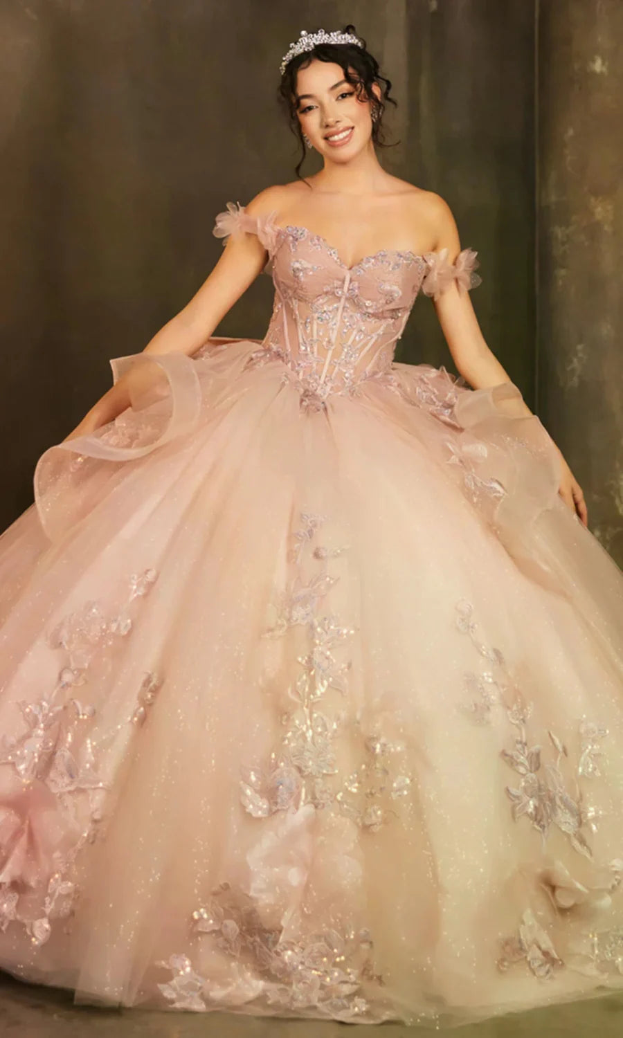 Applique Off Shoulder Ball Gown by May Queen LK270