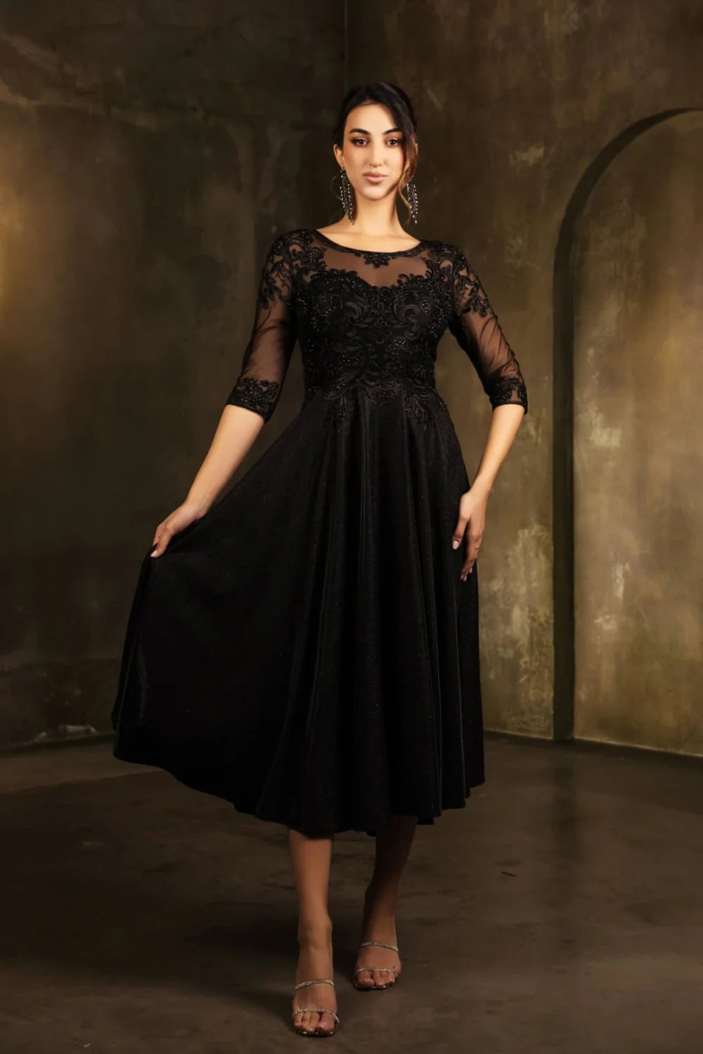 Mid-Sleeve Tea Length Dress by May Queen MQ2057