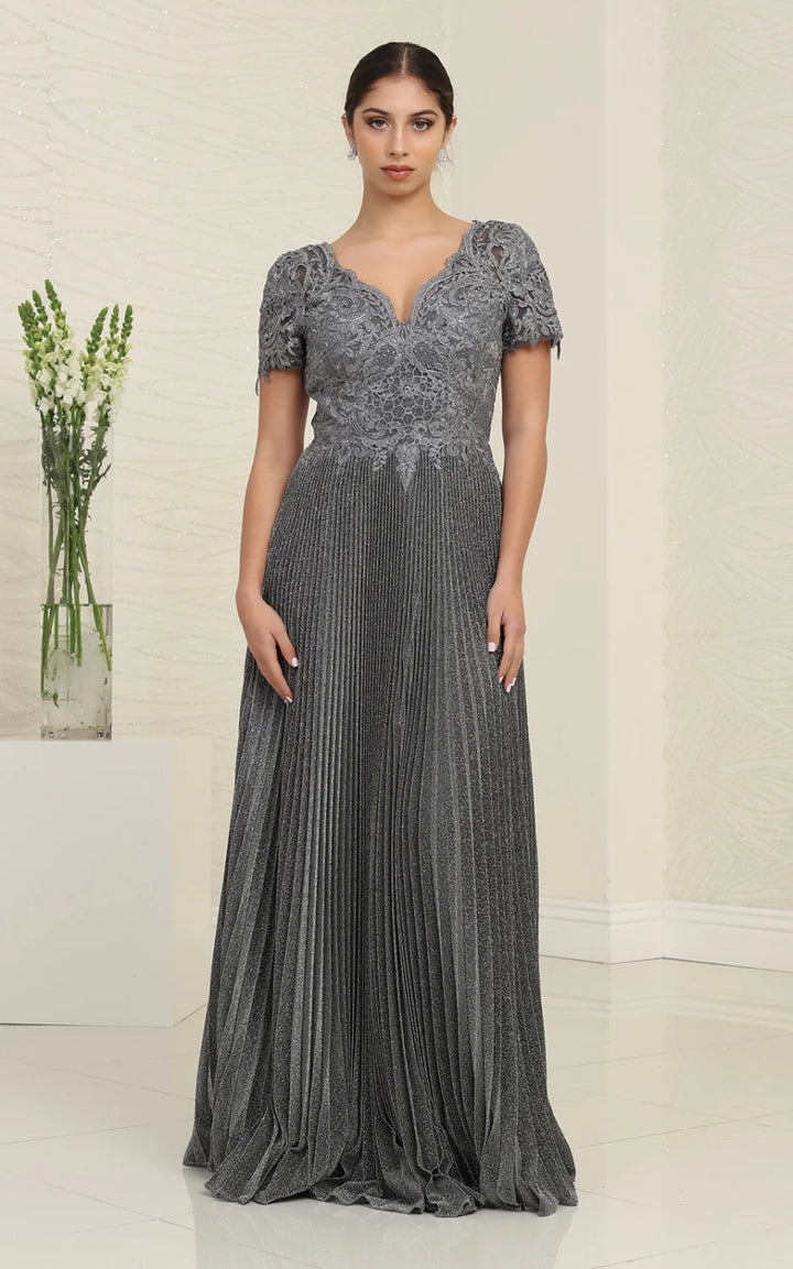 Pleated Short Sleeve A-line Gown by May Queen MQ1902