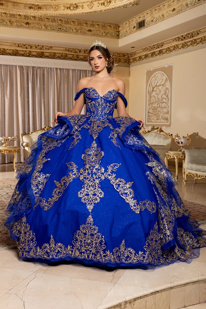 Off Shoulder Tiered Ball Gown by May Queen LK302