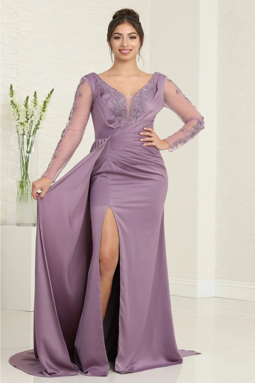 Beaded Satin Long Sleeve Slit Gown by May Queen RQ8045