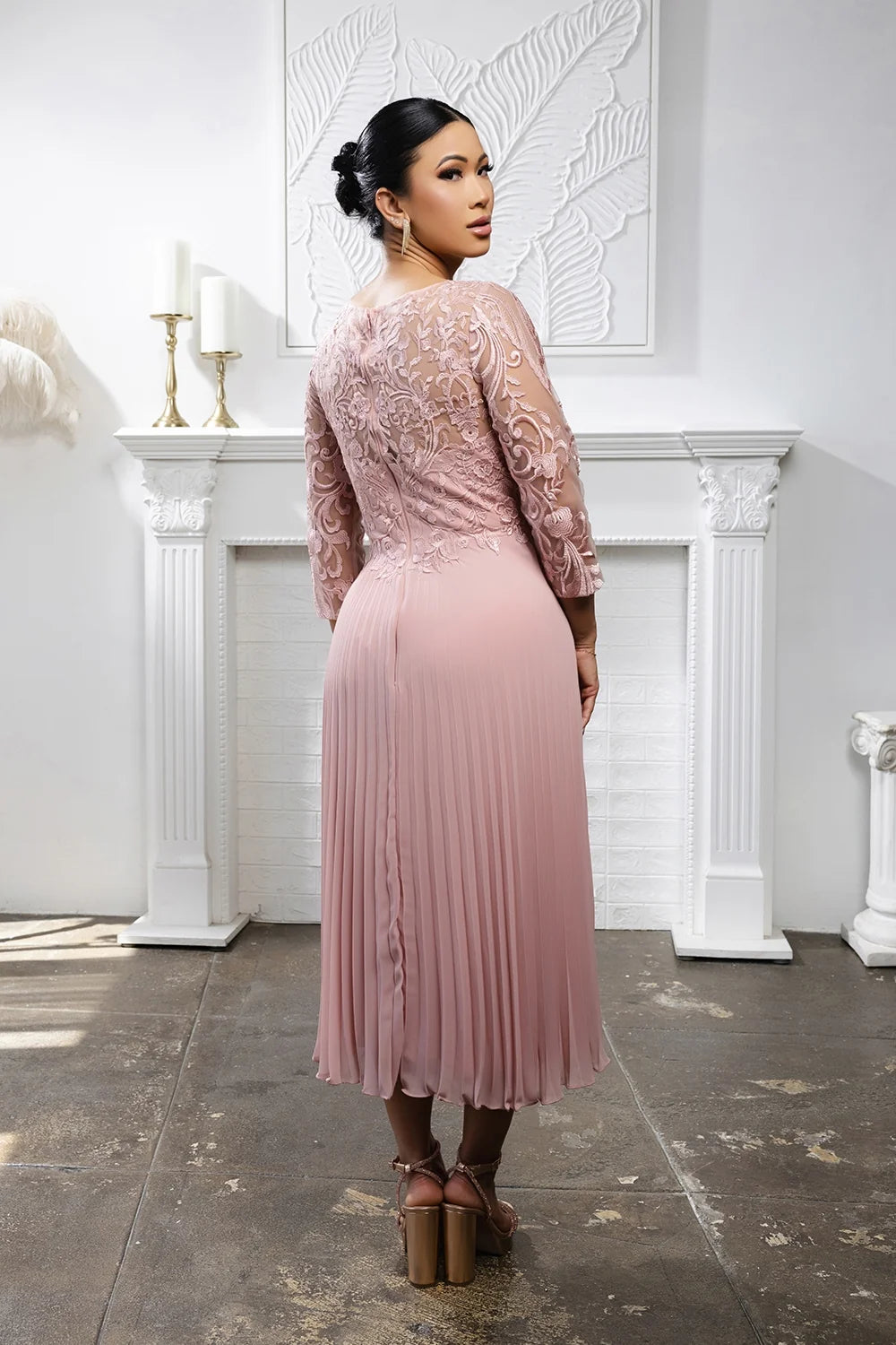 Pleated 3/4 Sleeve Tea Length Dress by May Queen MQ2189