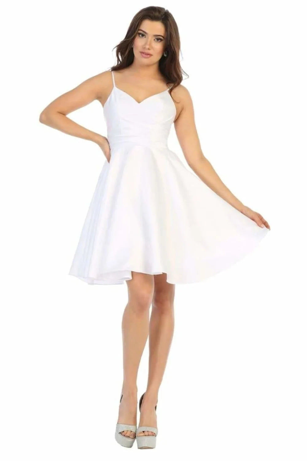 Satin Short V-Neck A-line Dress by May Queen MQ1654