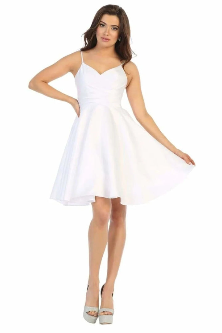 Satin Short V-Neck A-line Dress by May Queen MQ1654