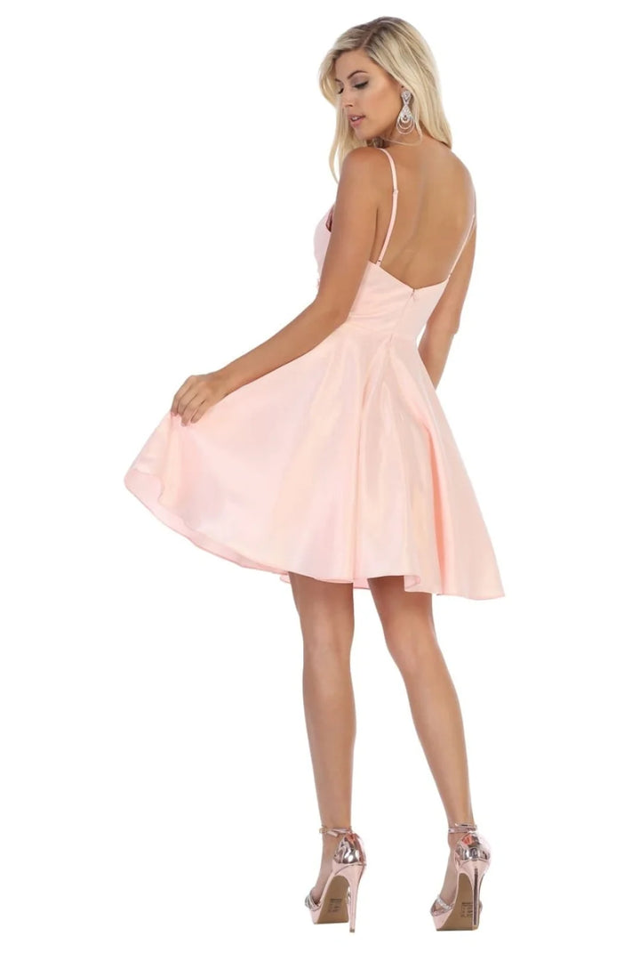 Satin Short V-Neck A-line Dress by May Queen MQ1654