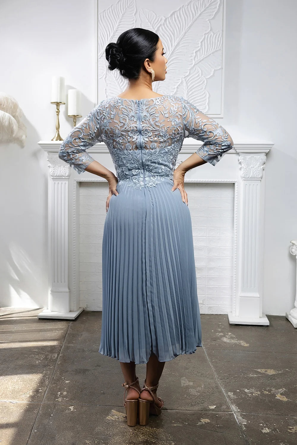 Pleated 3/4 Sleeve Tea Length Dress by May Queen MQ2189