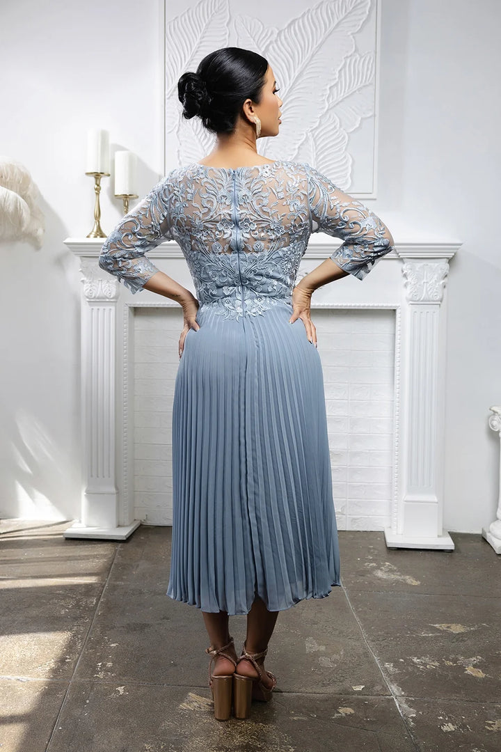 Pleated 3/4 Sleeve Tea Length Dress by May Queen MQ2189
